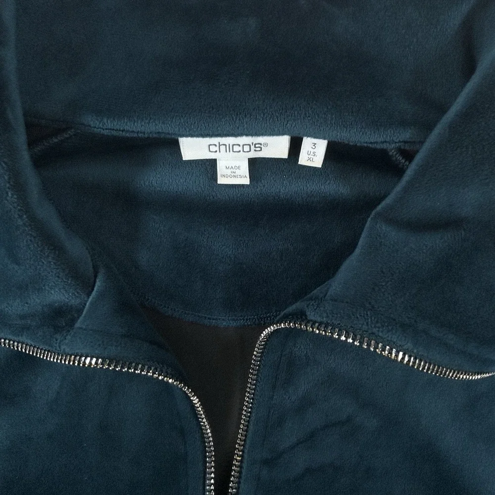 Chico's 3 Velour XL Green 1/4 Zip Sweater Top & Pants Set Leisure Active Wear
